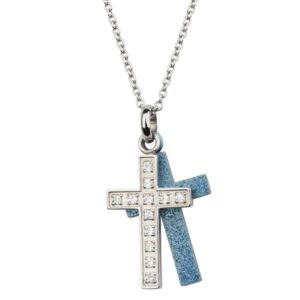 Stainless Steel Pendant blu sand effect and white Swarovski Elements  *Faith*
